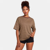 Summer Women's Loose T-shirt Casual Stylish Striped Crew Neck Short Sleeve Drop Shoulder Tee Tops