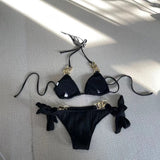 Halter Metal Rings Bikinis Wrinkled Bikini Female Swimsuit Women Swimwear Two-pieces Bikini Set High Cut Bathing Suit Swim Lady