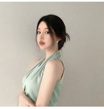 Women Blouses Slim Fit V-neck Lace Up Open Stitch Versatile Sleeveless Top For Female Chiffon Tops Summer Fashion PPAY
