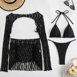 2025 European and American New Solid Color Special Mesh Four-piece Beach Swimsuit Sexy Bikini Burkini Muslim Swimwear