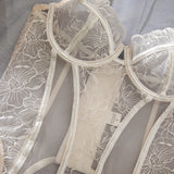 Embroidered flower underwear, sexy three-point mesh fishbone body shaping sexy suit with stockings