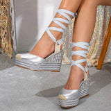 European Size Leisure Summer Espadrilles Sandals Rhinestones High Heels Wedges Sandals Shoes Women Comfy Walk Platform Sandal