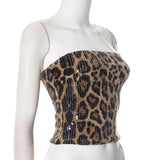 Sexy Chic Leopard Printed Corset Tops Women's Fashion Skinny Zip-up Sequins Crop Tops Strapless Night Club Outfit Streetwear