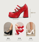 Plus Size Women Red Patent Leather Platform Mary Jane Shoes 3 Rhinestone Buckle Straps Chunky Block  Y2K Lolita Party Pumps