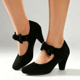 2026 Plus Size 45 Vintage Bowknot Bow Mary Jane Shoes Women 7cm High Heeled Retro Suede Look Brown Lolita Block Heel Pumps