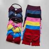 2PCS Backless Sports Bra High-Waisted Yoga Shorts Set Sexy Neck Hanging Design Abdomen Hip Lifting Fitness Outfit