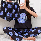 3-Piece Heart Print Pajama Women Sleepwear Home Clothes Short Sleeve Top with Shorts & Long Pants Pajamas Loungewear Short Suit