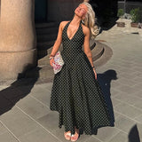FDYOUI Chic Halter Polka Dot Vacation Dresses for Woman 2026 Summer Lace-up Backless High Waist Tunics Ruched A-line Party Dress