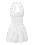 Women's Summer Solid Color Halter Neck Mini Dress Lace Trim Neckline Eyelet Embroidery Backless Tie-Back Slim Party Dresses