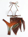 sexy tie dye print halter bikinis sets 3pcs with cover mesh skirt thong swimsuit bathing suit beach outfits biquini tankini