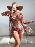 New Sexy 3 Pieces Suit for Women Neck Hanging Bikini Set+Cover-up Swimwear Sunproof Tankini High Waist Shorts Swimsuit Beachwear