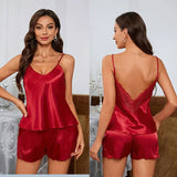 Summer Lace Satin Pajamas Set for Women Sexy Pajama Sets Backless Deep V Sleepwear Short Sleeve Cami Shorts Set