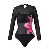 S - XL New Flower Printed Floral Long Sleeve With Pants One Piece Swimsuit Women Swimwear Female Bather Bathing Suit Swim V7099