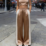 Elegant Solid Color Women's Satin Wide Leg Pants Lace Trim High Waist Loose Fit Trousers For Daily Vacation