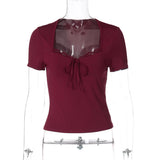 FDYOUI Women's Fashion Lace Patchwork T-shirt Streetwear Ladies Sexy Short Sleeve Bandage Tops Tees Y2K Slim Corset T Shirts
