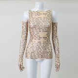 AHAgaga Sexy Tee T-shirt Women 2025 Summer Casual Letter Print Skinny See Through With Gloves Cropped Shirts Women Female Blusas