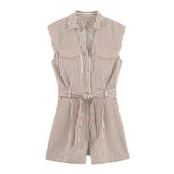 Women's Belted Striped Shorts Jumpsuit Women Striped Sleeveless Button Down Belted Pocket Detail Casual Jumpsuit For Summer 9X2T
