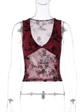 FDYOUI Sexy V-neck Floral Tank Tops for Women 2026 Summer Sleeveless T-shirt Ladies See-through Mesh Corset Top Black Wine Red