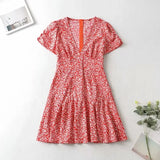 Foridol Blue Floral Print Summer Beach Dress Women Casual Holiday Short Sleeve Dress Boho Sundress Vestidos Fashion Clothes