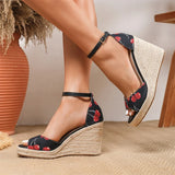 EUR Size 45 Leisure Espadrille Wedge Sandals Women Cherry Summer High Heels Shoes Beach Vacation Platform Ankle Strap Sandals