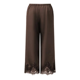 Women's Satin Lace Hem Capris Elastic Waist Loose Fit Wide Leg Pants Solid Color Lounge Street Casual Cropped Pants Summer