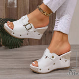 Fashion Buckle Chunky Wedges Sandals Women Rivets Decor High Heel Platform Slippers Woman Plus Size Non Slip Summer Sandles 43