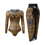 S - XXL Printed Long Sleeve With Sarong One Piece Swimsuit Women Swimwear Female Flowers Padded Bather Bathing Suit Swim K7181