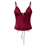 Women's Summer Solid Color Satin Slim Camisole Spaghetti Strap V-Neck Hook and Eye Front Closure Slim Fit Tank Tops