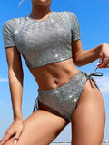 Sequin Silver Two Piece Bikini Women Short Sleeve Back Criss Cross Crop Top Swimsuit 2026 Bathing Suit Pleat High Waist Swimwear