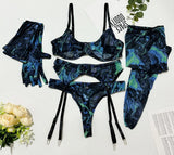 Toucheart Erotic Lingerie Leopard Print 5-piece Set with Gloves and Stockings Tie-dye Printed Sexy Hot Lingerie Suit for Women