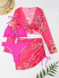2026 Summer Women's 4 Pieces Suit Swimwear Neck Lace-up Bikini Set+crop Top+skirts Floral Print Gauze Swimsuit Beachwear Biquini
