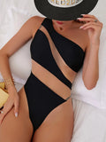 Splicing Mesh See Through One Shoulder Female Swimwear One Piece Swimsuit Women High Cut Monokini Mesh Bathing Suit Swim Lady