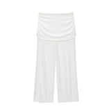 Women's One Shoulder Top Long Pants Set White Strapless Ruched Crop Top And Mesh Flare Pants Two Piece Set Out Party Outfit LNBK
