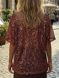Summer Women's Fishnet T-shirt Casual Loose Fit Stylish Solid Color See Through Sequined Crew Neck Elbow Sleeve Tops