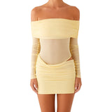 Women Mini Off Shoulder Slim Ruched Solid Color Party Club Dresses Cut Out Long Sleeve Backless Short Mesh Bodycon Dress