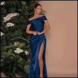 Elegant Satin Solid Color Off-Shoulder Women's Long Dress Sexy High-Waisted Flim Slit Pleated Dress for Lady Party Wedding