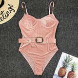 2026 High Quality Sexy One Piece Swimsuit Swimwear Women Push Up Pit Striped Metal Chain Straps Bathing Suit Beachwear with Belt