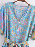 Foridol Single Breasted Bohemian Holiday Summer Women Dress Belt Casual Loose Maxi Floral Dress Short Sleeve Long Viscose Dress