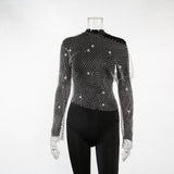 Women Rhinestone Fishnet T-shirt Solid Color Long Sleeve Crop Tops See Through Hollow Out Sexy Shirts Female Smock Tops