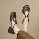 Women's T-Strap Shallow Flat Sandals Soft Leather Rome French Slip-on Single Shoes Retro Round Toe Shoes for Women Summer 32-43