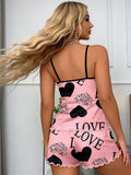 Women's Pink Heart LOVE Print 2 Piece Pajama Set, Spaghetti Strap Cami Top and Ruffle Hem Shorts, Summer Loungewear