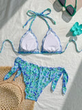 Women Cute Bikini Set 2025 New Summer Orange Floral Print Halter Ruffles Push Up Tie Side Thong Swimsuit Bathing Suit