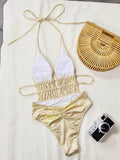 DEKA Women's Gold Colors Deep V Neck One Piece Swimsuit Tummy Control Hellow Out Swimwear Wrap Bathing Suit For Beach Vacation
