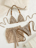 with Fishnet Sarong Skirt Halter Beads Bikini Women Swimwear Female Swimsuit Three-pieces Bikini Set Bathing Suit Swim Beachwear