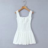 Square Neck Lace Trim Spliced Strap Dress For Women Front Mini Bud Skirt White Lace Mini Dress Ruffle Casual Summer Dress 4MXE