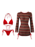 S - XL Striped Long Sleeve Cover Up Bikini Female Swimsuit Women Swimwear Bather Bathing Suit Swim Three-pieces Bikini set K8128