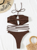 Solid Color Bikini Sexy Hollow Out Bandage Cross Thong Swimwear Women Halter Backless Bathing Suit High Waist Swimsuit 2026 New