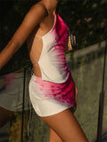 Women's Summer 2 Piece Outfits Abstract Flower Print One Shoulder Tank Tops + Bodycon Mini Skirt Sets Party Clothes