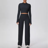 2 Pcs Women's Seamless Yoga Set Long-sleeved Wide-leg Pants Tracksuit Fitness Sports Set High-waisted Hip-lifting Slim-fit Suit
