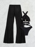 3 Pieces Plain Criss Cross Bikinis Swimsuit & Pants Swimwear Women 2026 Bathers Bathing Swimming Suit Female Summer Beachwear